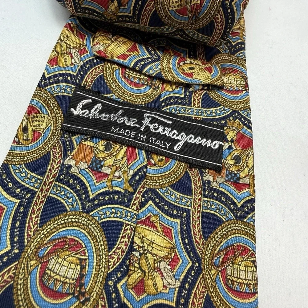 Vintage Ferragamo‎ Silk Tie Music Instrument Medallion Print Italian Luxury 90's